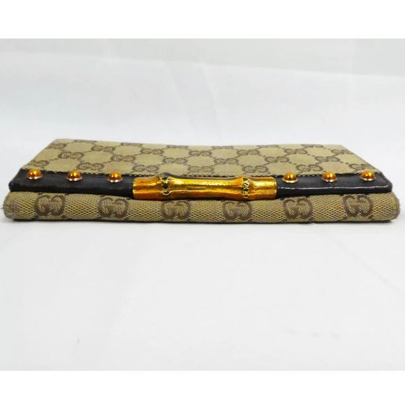 Authentic GUCCI GG Monogram Bamboo Brown/Gold Canvas Bifold Wallet 129166-2778 - Picture 4 of 14